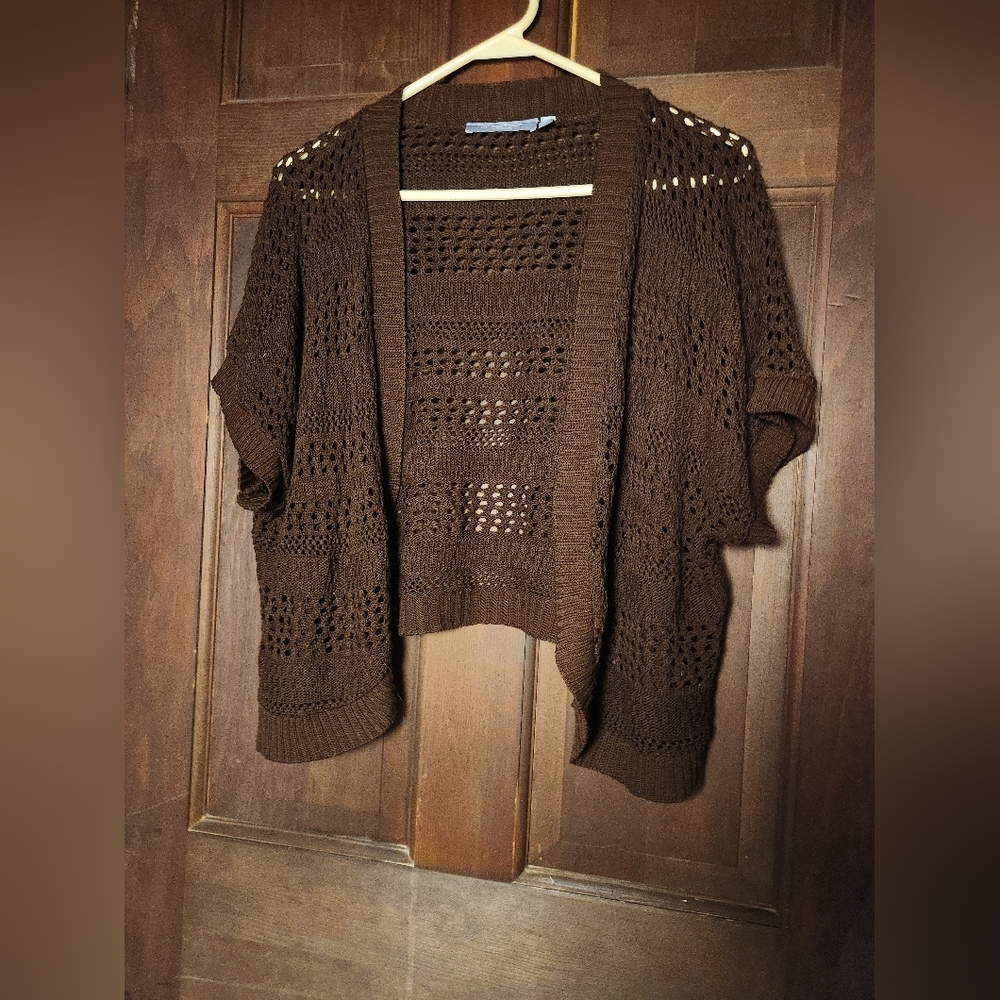 NY Collection Open Knit Short Sleeve Sweater Cardigan